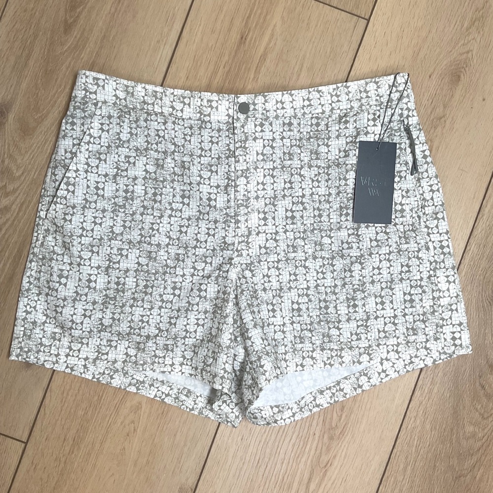 VRST Mens‎ L Resort Short Print 5" White Silver Stamped Geo Shorts/Swim Trunks